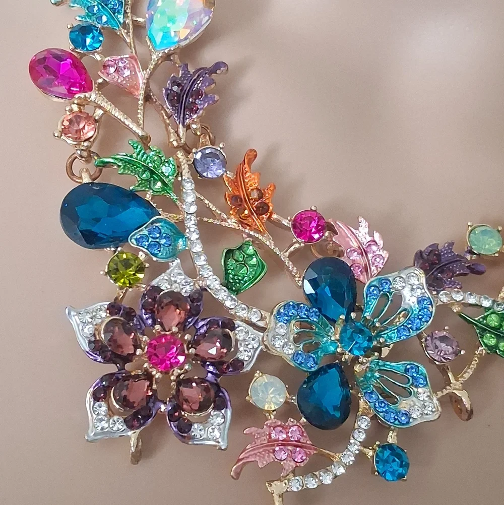 Goldtone Colorful Floral And Vine Statement Necklace